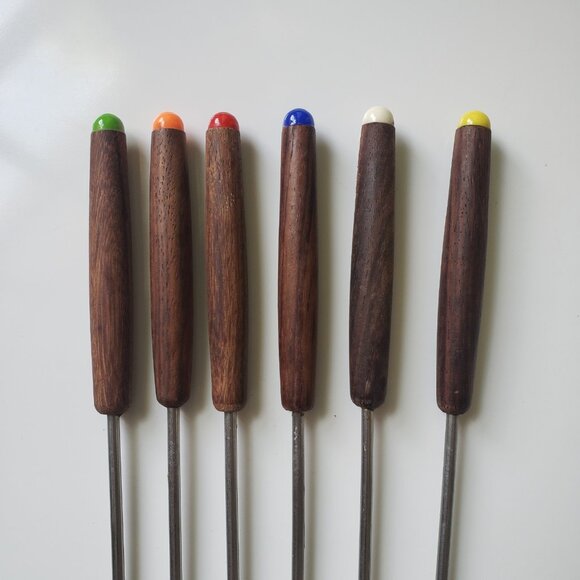 Set of 6 Vintage Fondue Forks MCM Japan Wooden Handles Stainless Steel - Picture 4 of 8
